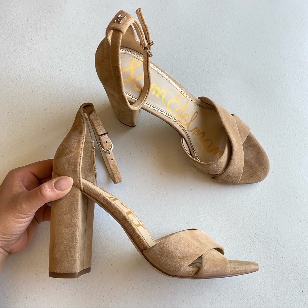 Sam Edelman Size 10 Nude Beige Faux Suede Single Strap Ankle Closure Block Heel